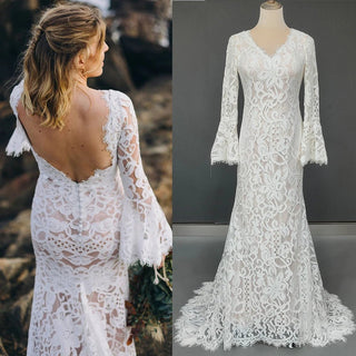 Flare Sleeve Lace Boho Wedding Dress - Diva Melody