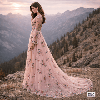 Floral Bell Sleeves A - Line Wedding Dress - Diva Melody