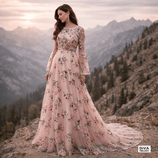 Floral Bell Sleeves A - Line Wedding Dress - Diva Melody