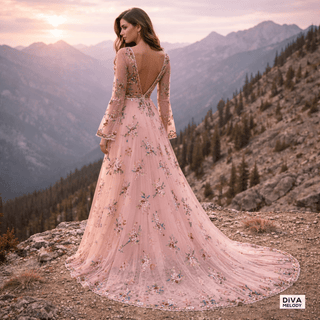 Floral Bell Sleeves A - Line Wedding Dress - Diva Melody