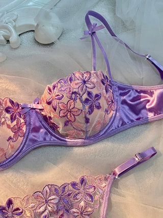 Floral Embroidered Mesh and Satin Lingerie Set - Diva Melody