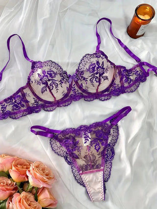 Floral Embroidered Mesh Lingerie Set - Diva Melody