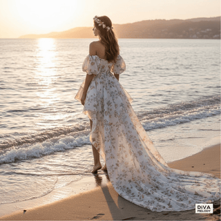 Floral Mini Wedding Dress With Detachable Cape - Diva Melody