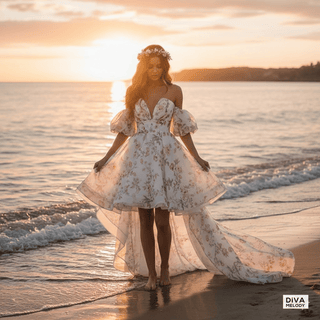 Floral Mini Wedding Dress With Detachable Cape - Diva Melody