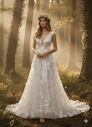 Floral Princess V - Neck Wedding Dress - Diva Melody