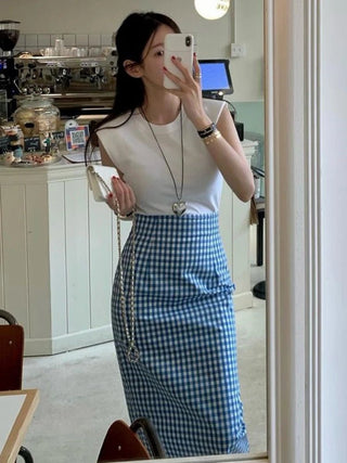 French Vintage Long Pencil Checkered Skirts - Diva Melody