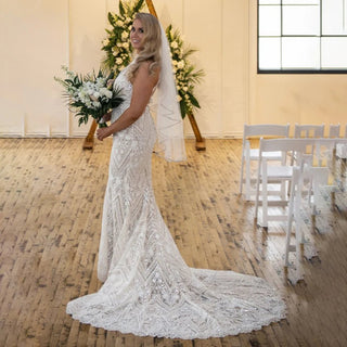 Geometric Lace High - Neck Mermaid Wedding Dress - Diva Melody