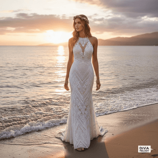 Geometric Lace High - Neck Mermaid Wedding Dress - Diva Melody