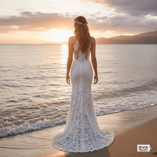 Geometric Lace High - Neck Mermaid Wedding Dress - Diva Melody