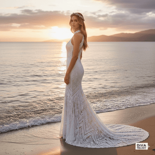 Geometric Lace High - Neck Mermaid Wedding Dress - Diva Melody