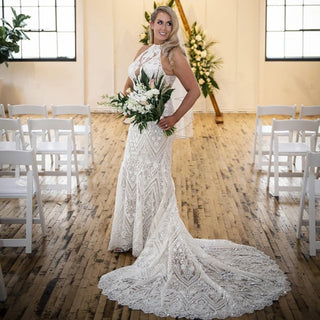 Geometric Lace High - Neck Mermaid Wedding Dress - Diva Melody