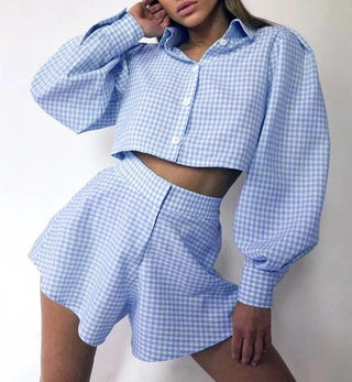 Gingham Lantern Sleeve Tops Short 2 Sets - Diva Melody