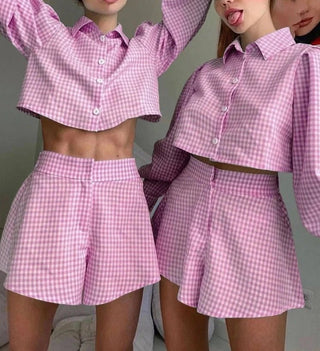 Gingham Lantern Sleeve Tops Short 2 Sets - Diva Melody