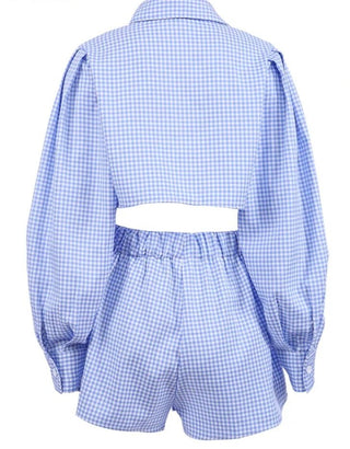 Gingham Lantern Sleeve Tops Short 2 Sets - Diva Melody