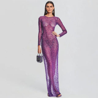 Glitter Bijou Cover - up Mesh See - Through Long Sleeve Slim Dress - Diva Melody