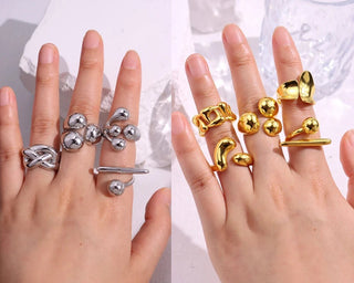 Glossy Wide Version Exaggerated Metal Adjustable Rings - Diva Melody