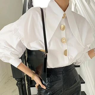 Gold Button Sharp Collar Blouses Tops - Diva Melody