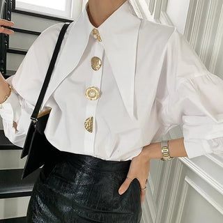 Gold Button Sharp Collar Blouses Tops - Diva Melody