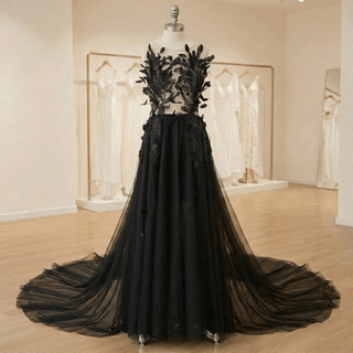 Gothic Black Feather Illusion Tulle Wedding Dress - Diva Melody