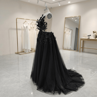 Gothic Black Feather Illusion Tulle Wedding Dress - Diva Melody