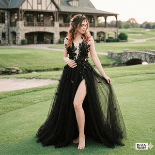 Gothic Black Feather Wedding Dress - Diva Melody