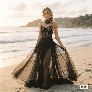 Gothic Black Long Wedding Dress - Diva Melody