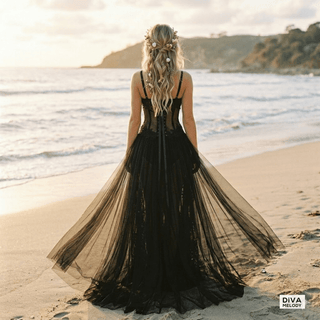 Gothic Black Long Wedding Dress - Diva Melody