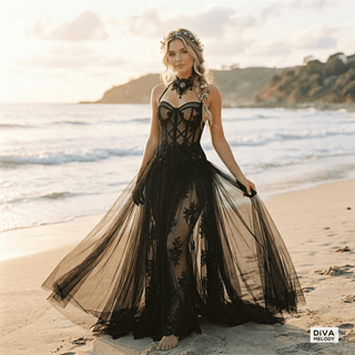 Gothic Black Long Wedding Dress - Diva Melody