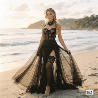 Gothic Black Long Wedding Dress - Diva Melody