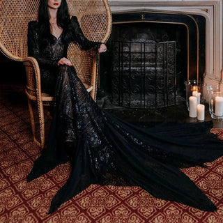 Gothic Black Sequin Mermaid Wedding Dress - Diva Melody