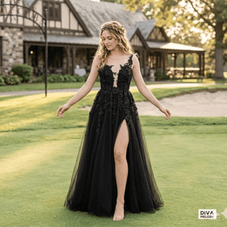 Gothic Black Side Split Wedding Dress - Diva Melody
