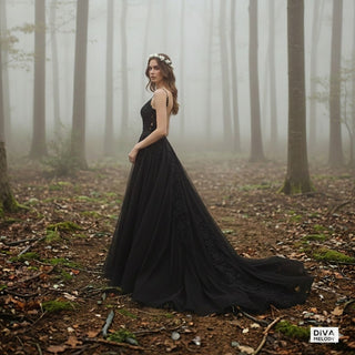Gothic Black V - Neck A - Line Wedding Dress - Diva Melody