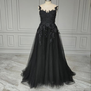 Gothic Black V - Neck A - Line Wedding Dress - Diva Melody