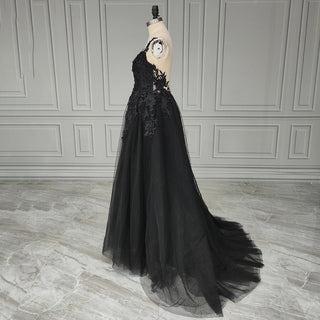 Gothic Black V - Neck A - Line Wedding Dress - Diva Melody