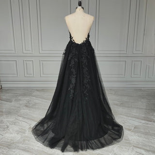 Gothic Black V - Neck A - Line Wedding Dress - Diva Melody