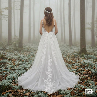 Gothic Black V - Neck A - Line Wedding Dress - Diva Melody