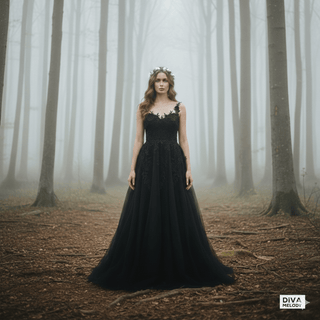 Gothic Black V - Neck A - Line Wedding Dress - Diva Melody