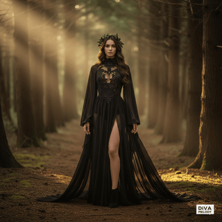 Gothic - Inspired Floral Appliqué A - Line Wedding Dress - Diva Melody