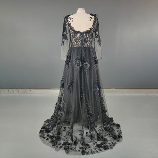 Gothic Rustic 3D Floral Black Long - Sleeve Wedding Dress - Diva Melody