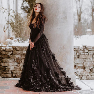 Gothic Rustic 3D Floral Black Long - Sleeve Wedding Dress - Diva Melody