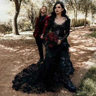 Gothic Rustic 3D Floral Black Long - Sleeve Wedding Dress - Diva Melody