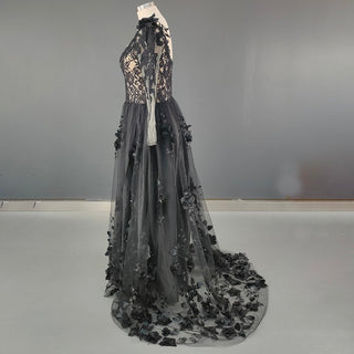 Gothic Rustic 3D Floral Black Long - Sleeve Wedding Dress - Diva Melody