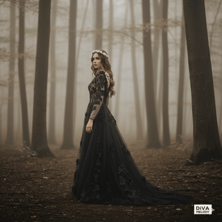 Gothic Rustic 3D Floral Black Wedding Dress - Diva Melody