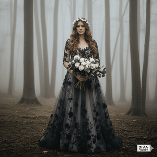 Gothic Rustic 3D Floral Black Wedding Dress - Diva Melody