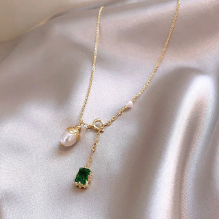 Green Pendant Pearl Delicate Elegant Clavicle Chain Necklace - Diva Melody