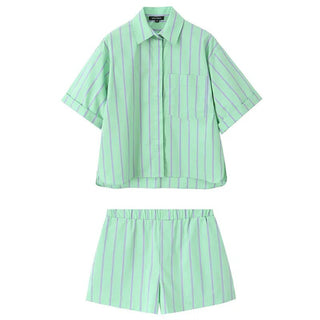 Green Striped Shirt Casual Boxer Shorts 2 Set - Diva Melody