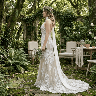 Halter Backless Mermaid Lace Wedding Dress - Diva Melody