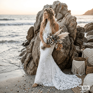 Halter Backless Mermaid Lace Wedding Dress - Diva Melody