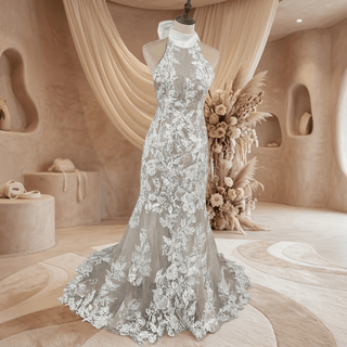 Halter Backless Mermaid Lace Wedding Dress - Diva Melody
