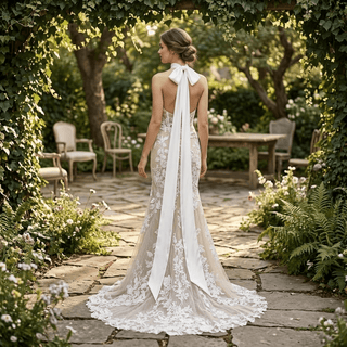 Halter Backless Mermaid Lace Wedding Dress - Diva Melody